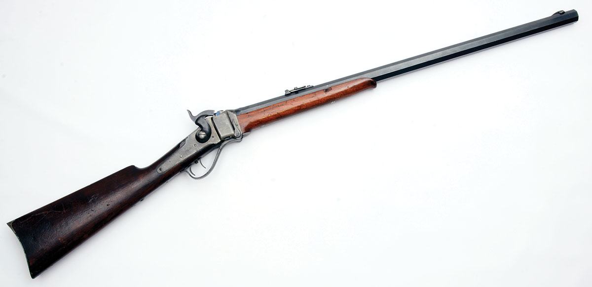Mike’s Sharps factory conversion 45-70 Gov’t. It has a 28-inch octagonal barrel and weighs more than 9 pounds. Note that the buttstock is lighter in color than the forearm.